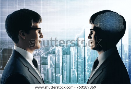 Side view of businessmen with tech brain on abstract forex city background. Teamwork, artificial intelligence and sales concept. Double exposure 