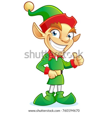 Smiling Christmas elf cartoon character showing thumbs up sign