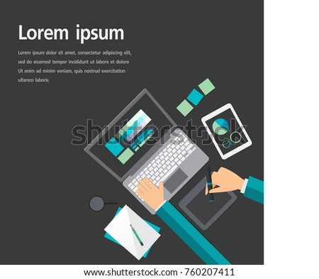 flat design illustration concepts. businessman working on the laptop in flat lay style with laptop,magnifier glass,tablet, and document. on gray color. space for text. flat vector illustration. 