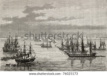 Old illustration of French-British fleet in the mouth of Hai river (Pei Ho). Created by Lebreton after sketch of Treves, published on Le Tour du Monde, Paris, 1864