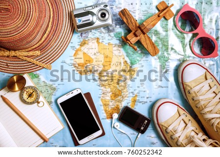 Travel plan, trip vacation, tourism mockup - Outfit of traveler Royalty-Free Stock Photo #760252342