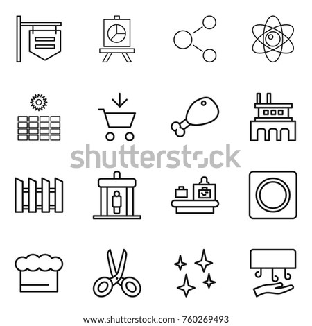Thin line icon set : shop signboard, presentation, molecule, atom, sun power, add to cart, chicken leg, factory, fence, detector, baggage checking, ring button, chief hat, scissors, shining