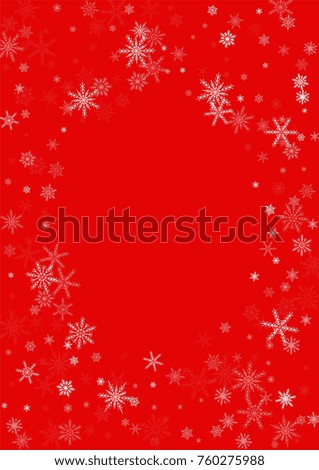Falling white christmas snow on red. Vector New Year snowflake abstract background. Glitter confetti. Snowflakes decoration effect. Winter holiday print. Snowfall texture for poster, banner, card.
