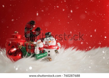 Christmas holiday background with Santa and decorations. Merry christmas and happy new year greeting card with copy-space. Christmas celebration holiday background.
