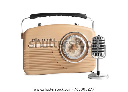 Retro radio and microphone, isolated on white