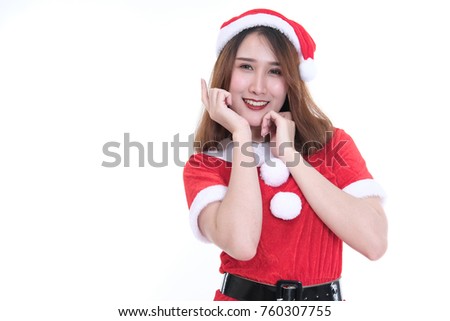 portrait of asian woman in santa claus dress on white background. christmas holiday. merry xmas celebration. season's greetings