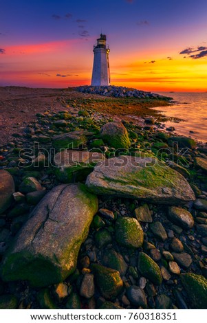 Black Rock Lighthouse on Fayerweather Island in Bridgeport, Connecticut, USA. Royalty-Free Stock Photo #760318351