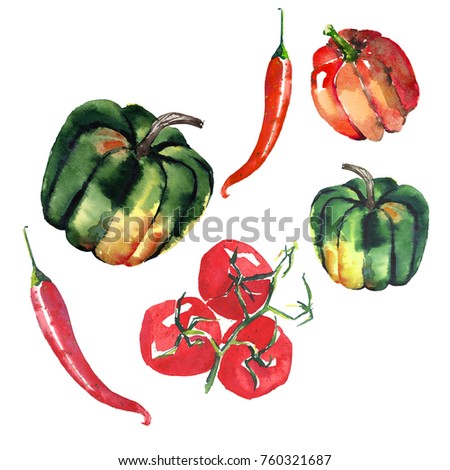 Seamless pattern of beautiful lovely graphic artistic abstract bright cute halloween orange, green pumpkins, red hot chili pepper and tomato branch located at random paintings watercolor hand sketch