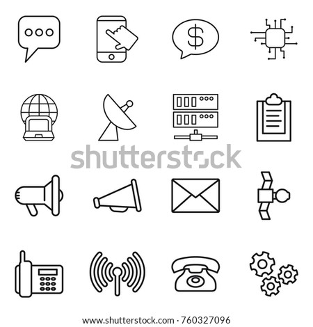 Thin line icon set : message, touch, money, chip, notebook globe, satellite antenna, server, clipboard, megafon, loudspeaker, mail, phone, wireless, gears