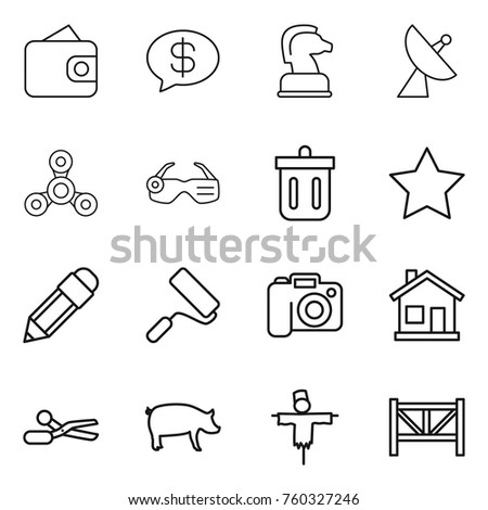 Thin line icon set : wallet, money message, chess horse, satellite antenna, spinner, smart glasses, bin, star, pencil, repair, camera, home, scissors, pig, scarecrow, farm fence