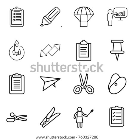 Thin line icon set : clipboard, marker, parachute, presentation, rocket, up down arrow, pin, deltaplane, scissors, beans, clothespin, woman with duster, list