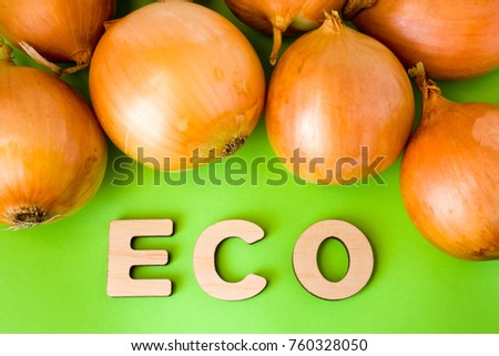 Onion Eco product or food. Onions bulb are on green background with text eco wooden letters. Example of sustainable environmentally orecological friendly product, Eco innovation or green marketing