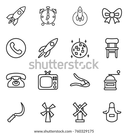 Thin line icon set : rocket, alarm clock, bow, phone, disco ball, chair, tv, walnut crack, hand mill, sickle, windmill, apron