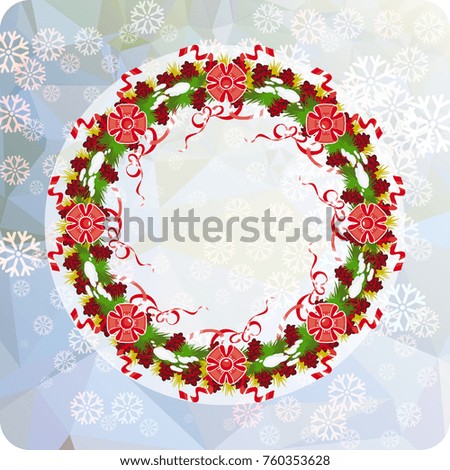 Holiday background with Christmas wreath and snowflakes. Copy space. Vector clip art.
