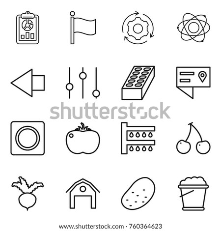 Thin line icon set : report, flag, around gear, atom, left arrow, equalizer, brick, location details, ring button, tomato, watering, cherry, beet, barn, potato, foam bucket