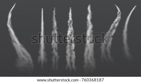 Airplane condensation trails. Jet trailing smoke isolated vector set. Foggy trail jet or plane, smoky effect after rocket illustration