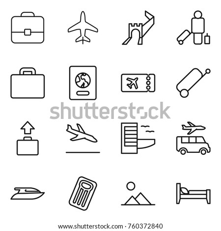 Thin line icon set : portfolio, plane, greate wall, passenger, suitcase, passport, ticket, baggage, arrival, hotel, transfer, yacht, inflatable mattress, landscape, bed Royalty-Free Stock Photo #760372840