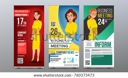 Roll Up Banner Set Vector. Vertical Billboard Template.  Business Woman. Expo, Presentation, Festival. For Corporate Forum. Presentation Concept. Realistic Flat Illustration