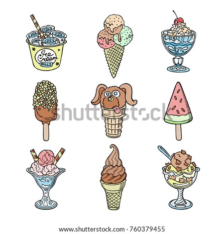Vector ice cream dessert sweet food sketch handdrawn illustration set summer icecream vanilla isolated on white creamy cone and glass bowl flavor icons