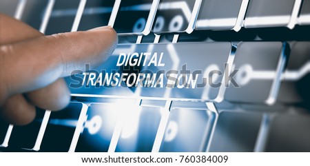 Finger pressing an interface with the text digital transformation. Concept of digitization of business processes. Composite between a photography and a 3D background Royalty-Free Stock Photo #760384009