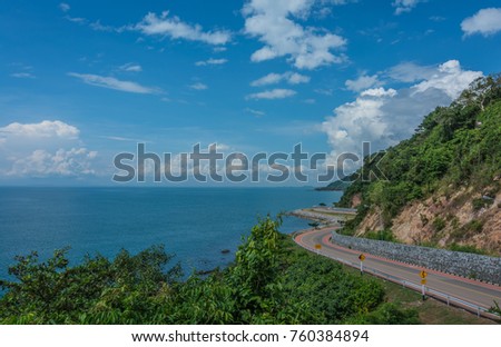 Beautiful curved road by the sea, Chalern Burapha Chonlathit Highway, Chanthaburi, Thailand.  