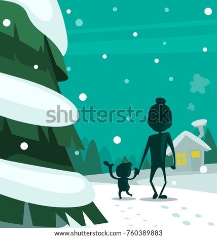 vector cartoon winter lovely dad and son hand in hand moment illustration with silhouette snow pine tree house scene drawing