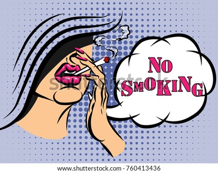 Lady with a cigarette in her hand and pink lips with no smoking sign. Smoking prohibited. PopArt drawing isolated on blue background. 