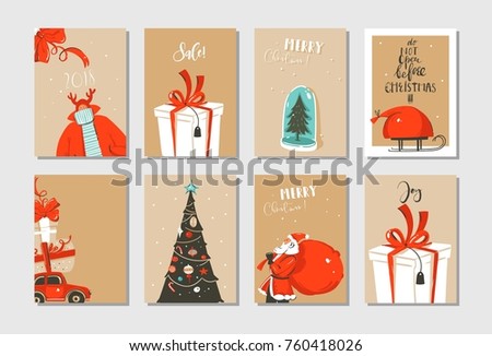 Hand drawn vector abstract fun Merry Christmas time cartoon cards collection set with cute illustrations,surprise gift boxes ,Christmas tree and modern calligraphy isolated on craft paper background.