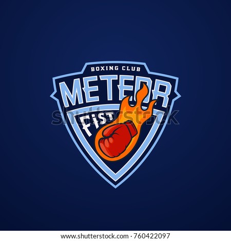 Meteor Fist Abstract Sport Emblem or Logo Template. Glove as a Comet Sign. Shield Fighting Boxing Club Label. Punching Hand Symbol. On Blue Background. Raster Copy.