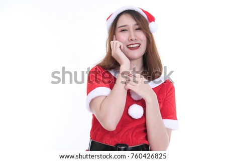 portrait of asian woman in santa claus dress on white background. christmas holiday. merry xmas celebration. season's greetings