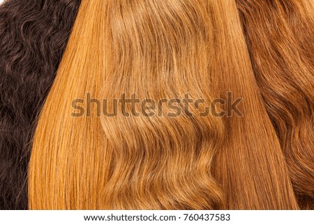 Natural colored shiny healthy human hair bundles for extension and weave wigs making. Haircare technology, style and beauty concept. Abstract texture background. Detailed closeup studio shot