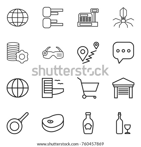 Thin line icon set : globe, diagram, cashbox, virus, virtual mining, smart glasses, route, sms, hotel, cart, garage, pan, steake, ketchup, wine