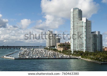 The view of little marina next to apartment buildings in Miami Beach (Florida).