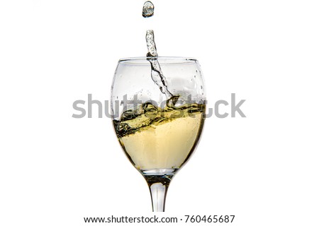 Wineglass with splashing drops of champagne - motion freeze close-up picture isolated on the white background.