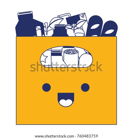 kawaii big paper bag with handle and foods sausage and bread apples and drinks orange juice and water bottle and lacteal in color sections silhouette