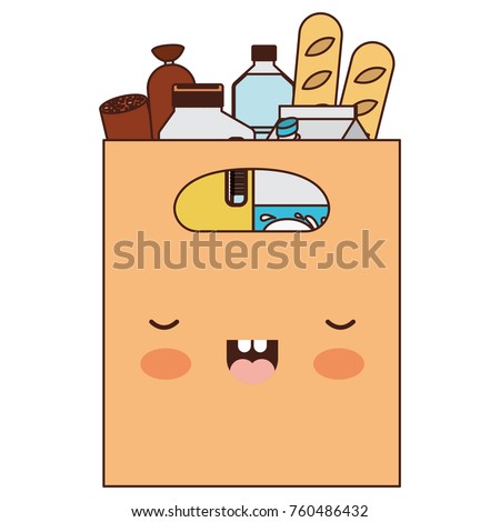 kawaii square paper bag with handle and foods sausage bread and drinks juice and water bottle and milk carton in colorful silhouette