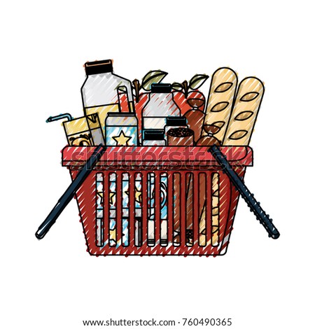 shopping basket with foods sausage and bread apples and drinks orange juice and water bottle and lacteal in colored crayon silhouette