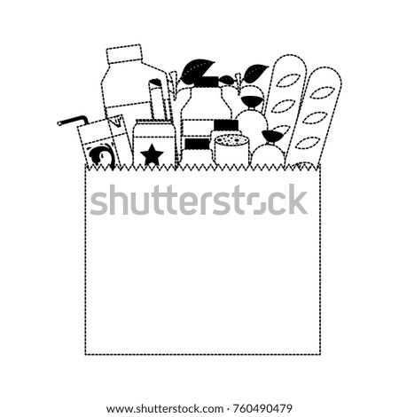 paper bag with market of food and drinks in black dotted silhouette