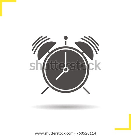 Ringing alarm clock glyph icon. Drop shadow silhouette symbol. Negative space. Raster isolated illustration