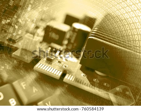 Computer background in sepia with digits, electronic device and keyboard.