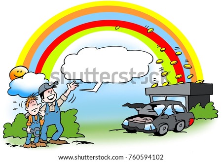 Cartoon illustration of an mechanic who earns gold at the end of the rainbow on used old cars