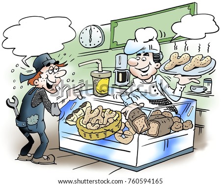 Cartoon illustration of a mechanic who buy different types of bread
