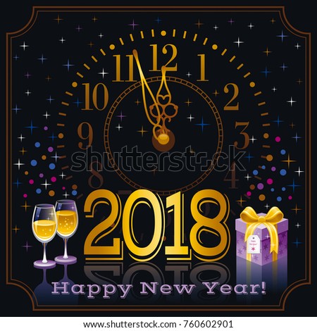 Happy new year 2018 text logo icon. Vector poster with clock, wine champagne glass, gift box. Abstract holiday design template. Vintage symbols, text lettering banner. Black night sky background