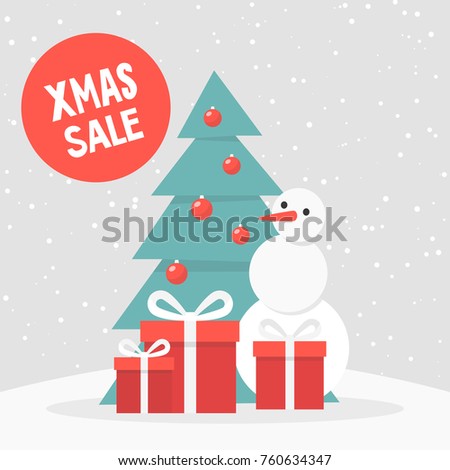 Xmas Sale. Winter discounts. Seasonal special offer. Snowy forest. Snowman, christmas tree and gift boxes. Flat editable vector illustration, clip art