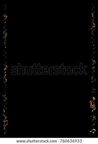 Golden musical notes flying border isolated on black background. Stylish symphony signs frame, gold notes for sound and tune music. Vector melody metallic symbols framing for book pages cover print.