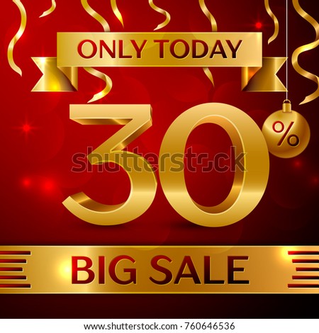 Realistic banner Merry Christmas with text Big Sale only today thirty percent for discount on red background. Confetti, christmas ball and gold ribbon. Vector Illustration
