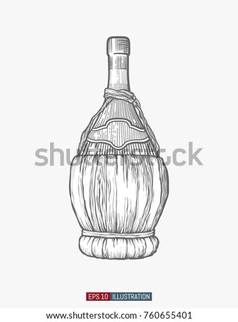 Hand drawn wine bottle. Engraved style vector illustration. Template for your design works.
