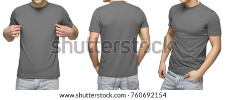 Young male in blank gray t-shirt, front and back view, isolated white background with clipping path. Design men tshirt template and mockup for print. Royalty-Free Stock Photo #760692154