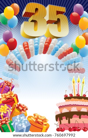 Thirty-fifth birthday poster. Background with design elements and the birthday cake. The poster or invitation for thirty-fifth birthday or anniversary.