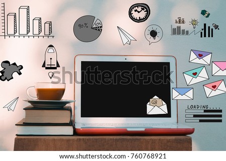 Laptop computer mockup with busy business illustration doodles. Working and Modern digital lifestyle concept for digital marketing and social media
